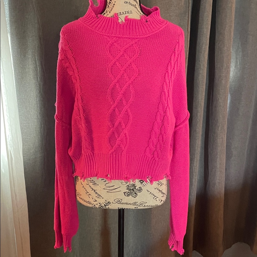 Hot Pink Cable Knit Ruffle Turtleneck Sweater - Women's